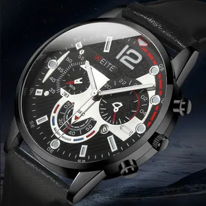 Close-up of black quartz chronograph watch with leather strap on a mountain background