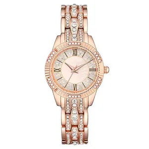 Luxury rose gold women's watch with rhinestone-encrusted strap and Roman numerals