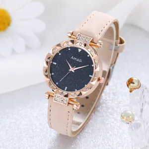 Reloj de mujer cielo estrellado con bisel de flores oro rosa y correa beige