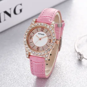 Orologio al quarzo da donna in pelle rosa con quadrante in oro rosa e strass lucidi