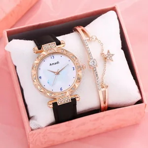 Amadi Montre à Quartz pour Femme Coffret Bracelet Cadran Papillon Strass Bracelet en Similicuir Élégante Montre-Bracelet