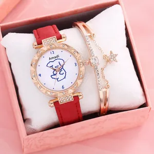 Women's quartz watch with red leather strap and matching rose gold star charm bracelet