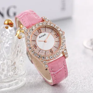 Orologio al quarzo da donna con cinturino in pelle rosa e lunetta in strass con corona