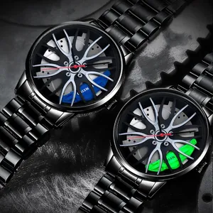 Montre sport pour homme avec cadran en forme de jante et bracelet en acier noir