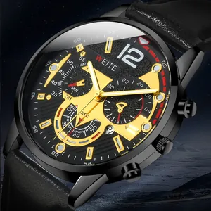 Detail of quartz business watch with black leather strap and gold-tone sub-dials