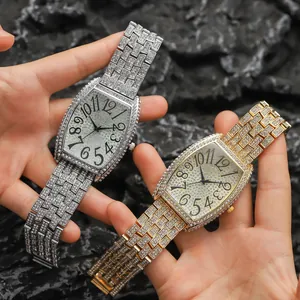 Luxury Tonneau Rhinestone Quartz Watch For Men Iced Out Hip Hop Fashion Fully Studded Large Arabic Numeral Dial Wristwatch