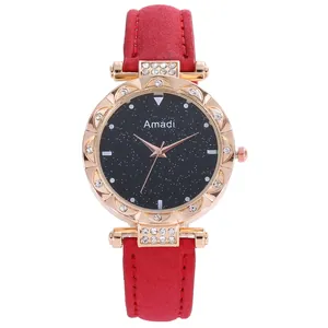 Reloj de mujer cielo estrellado con caja de oro rosa y correa de cuero rojo