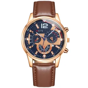 Macro detail of business men's quartz watch with blue dial and brown leather strap