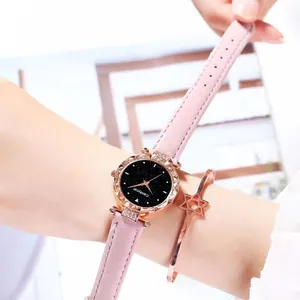 Pink leather starry sky watch and rose gold hexagram bracelet set for women
