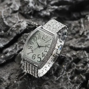Silver iced-out tonneau watch for men with full crystal pave and large Arabic numerals
