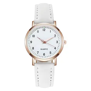 Minimalist quartz watch for women with rose gold case and white leather strap