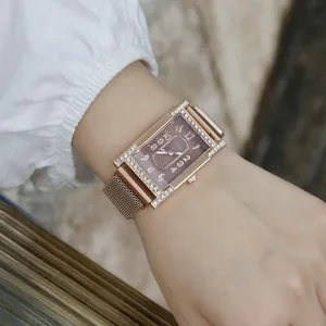 Elegant rose gold rhinestone quartz watch with rectangular purple dial and Milanese mesh band