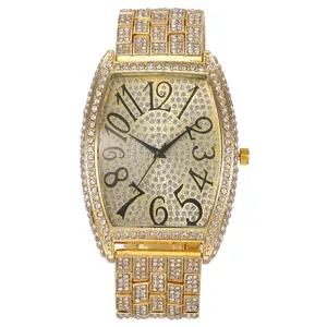 Luxury iced-out tonneau gold watch with full rhinestones and large arabic numerals