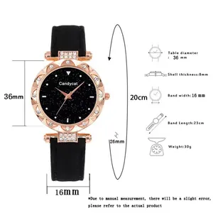 Starry sky dial quartz watch for women with rhinestones and black leather strap