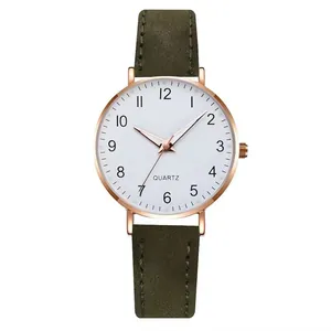 Close-up of quartz watch featuring a rose gold case and green frosted leather strap