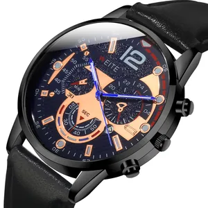 Detail of a quartz watch featuring a dark blue dial with rose gold chronographs and markers