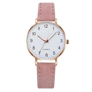 Pink matte leather quartz watch for women with rose gold case and white dial
