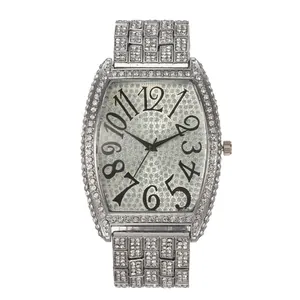 Luxury tonneau-shaped silver quartz watch with full diamond setting and Arabic numerals