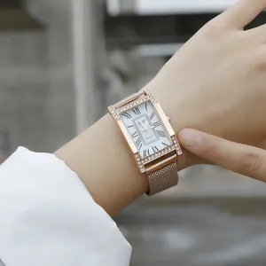 Women's rectangular quartz watch with rose gold mesh strap and sparkling rhinestones