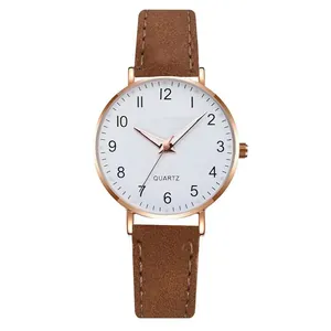 Minimalist quartz watch with brown suede strap and classic white numeric dial face