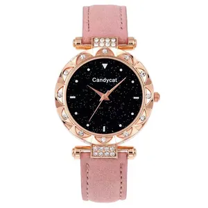 Women's quartz watch with starry black dial, rose gold rhinestone case and pink suede strap