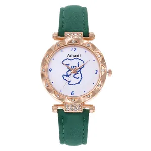 Green leather strap watch with rhinestone bezel and cartoon puppy dial for women