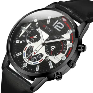 Detail of WEITE business watch with black leather strap and multi-dial chronograph display