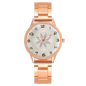 Damen Mode Quarzuhr Legierung Stahlband Blumen Zifferblatt Strass Lünette Analoge Armbanduhr Für Frauen Studenten Lässig