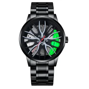 Detailed view of the 3D car wheel hub dial with green brake caliper on black steel watch
