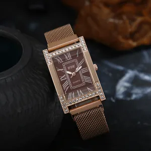 Elegant rectangular rose gold quartz watch with Roman numerals and Milanese mesh band