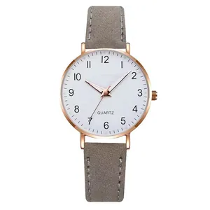 Minimalist quartz watch with rose gold case, white dial and dark grey suede leather strap