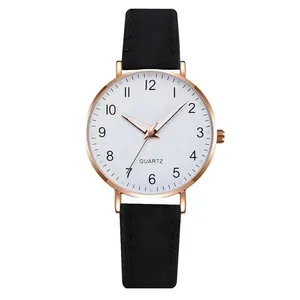 Minimalist quartz watch with rose gold case, white dial and black leather strap for students