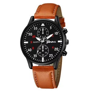 Montre à quartz Geneva pour homme avec cadran noir et bracelet en cuir marron sur fond blanc