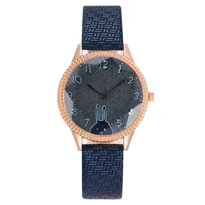 Fashionable rose gold women watch with navy blue strap and cute cartoon rabbit dial