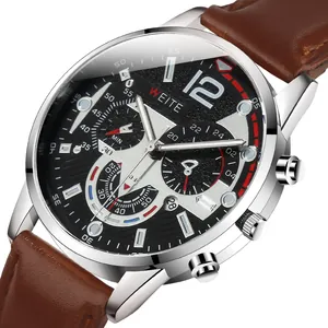 Business quartz watch with brown leather strap, silver steel case and black dial calendar