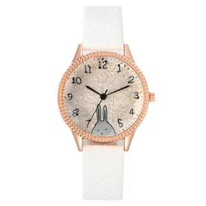 Fashionable women's quartz watch featuring a cute cartoon rabbit and white woven strap