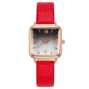 Montre carrée élégante pour femme en or rose avec bracelet en cuir rouge et chiffres romains