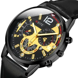 Macro shot of WEITE business watch with black embossed dial and gold hands