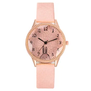 Pink cartoon rabbit quartz watch with glitter dial and rose gold case for women