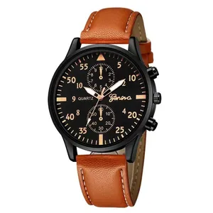 Gros plan de montre Geneva pour homme avec bracelet en cuir brun et cadran noir à quartz