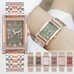 Elegant Women Rectangular Quartz Watch Bicolor Alloy Chain Band Rhinestone Bezel Fashion Ladies Casual Wristwatch Jewelry