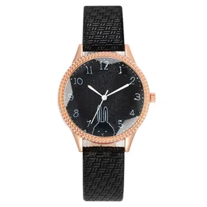 Fashionable women's watch with rose gold case, black woven strap and rabbit dial