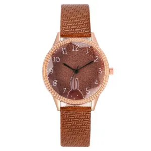 Detail of rose gold case with cartoon rabbit dial and brown woven texture strap