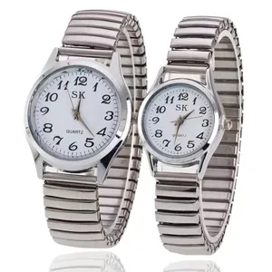 Ensemble de montres à quartz pour couple avec bracelets extensibles et cadrans blancs