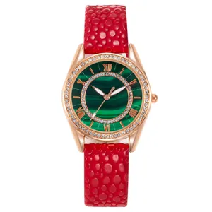Fashion women's watch with green malachite dial and red leather strap in rose gold casing