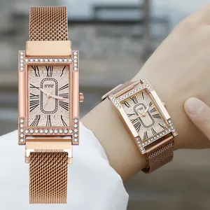 Elegant rose gold square quartz watch for women with sparkling rhinestones and mesh band