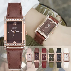 Fashion Women's Rectangular Quartz Watch With Rhinestone H-Shape Alloy Case Faux Leather Strap Casual Wristwatch Jewelry Gift