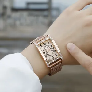 Elegant rose gold square watch with sparkling zircon bezel and Milanese mesh band