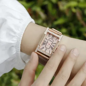 Elegant rose gold square watch with crystal bezel and pink Roman numeral dial on wrist