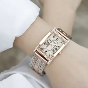 Elegant ladies quartz watch with rectangular diamond bezel and two-tone steel band